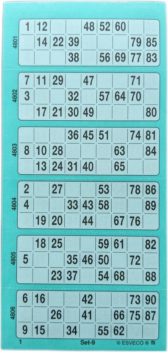 Bingoticketblok - Turquoise - 600 Tickets - Systeem 15 uit 90 - Voor Bingo-avonden