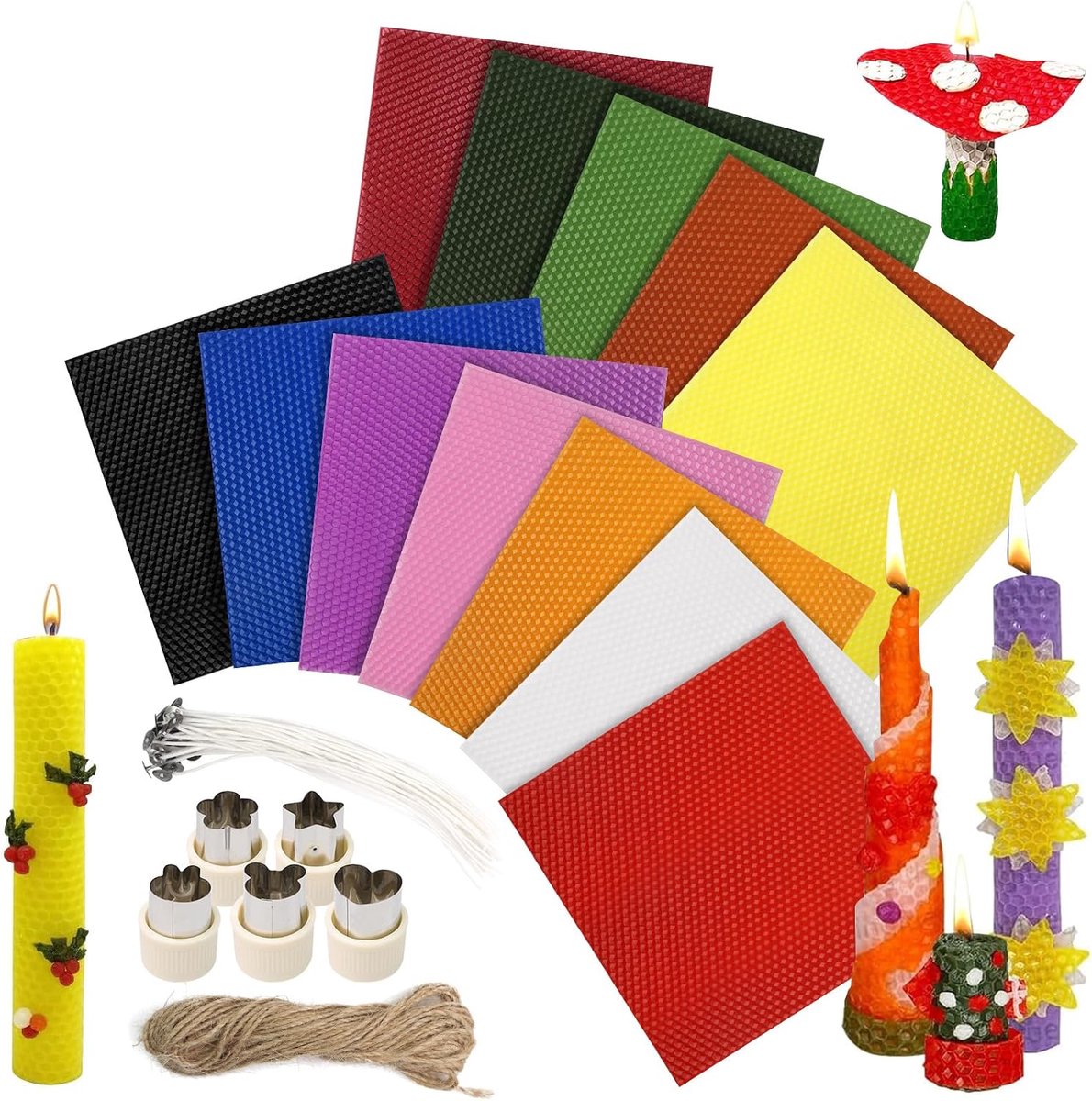 Bijenwasvellen met Lont en Mal, 12 Kleuren, 20 x 20 cm, Bijenwasvellen, Bijenwas Vellen, Bijenwas Platen, Set Bijenwasvellen voor Feestjes en Verjaardagen