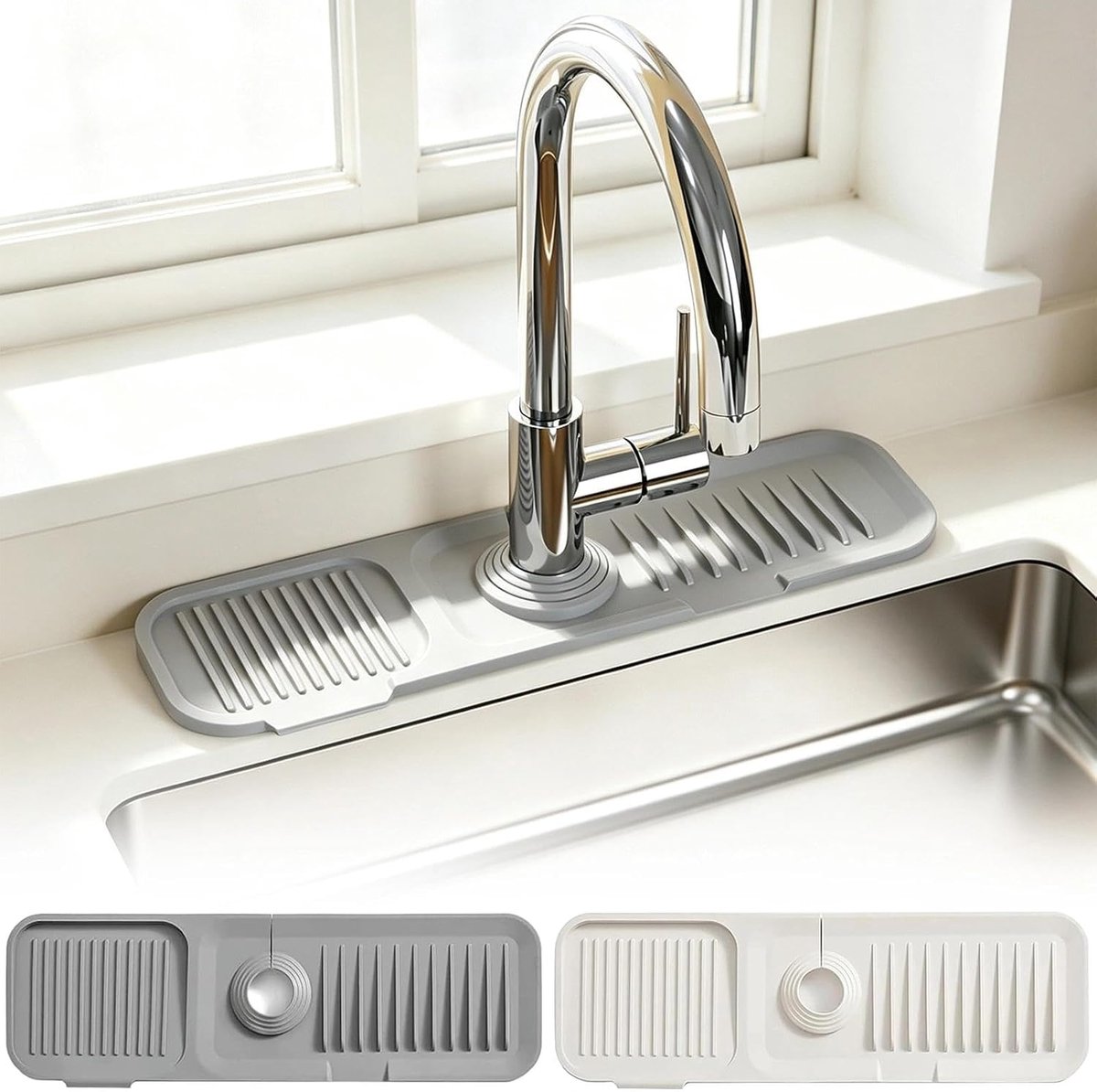 2 stuks spatbescherming voor keukenspoelbak, siliconen mat, kraanbescherming van siliconen, spatbescherming en bescherming voor kranen, kaliber 3,5 - 6 cm (beige, grijs)