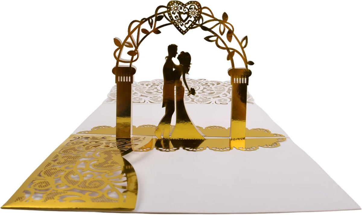 3D pop-up wenskaart, 3 sets 3D bruiloftskaarten met envelop, kaarten, bruiloft, felicitaties, romantisch, voor verliefd stel, bruid, Valentijnsdag, verjaardag (goud)