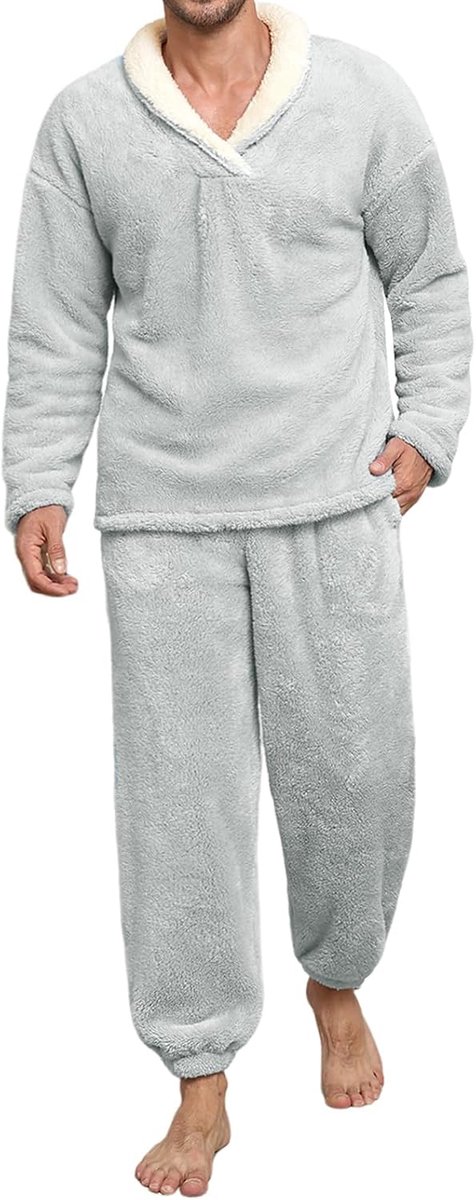 Heren Pyjama Set Pluizige Winter 2 Stuks Mens Pjs Sets Zachte Fleece Warme Losse Loungewear Sets Gezellige Lange Mouw Pyjama Voor Thuis