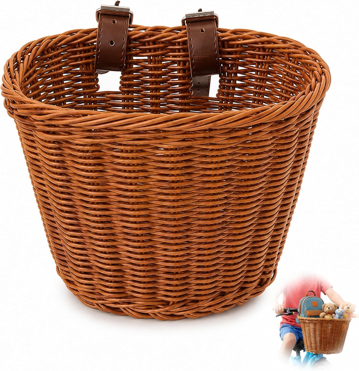 Fietsmand voor kinderen, gevlochten look, kunststof, fietsmand voor kinderen, afneembaar met verstelbare riemen, mand voor loopfiets en gemakkelijk wasbaar, robuust voor dagelijks gebruik