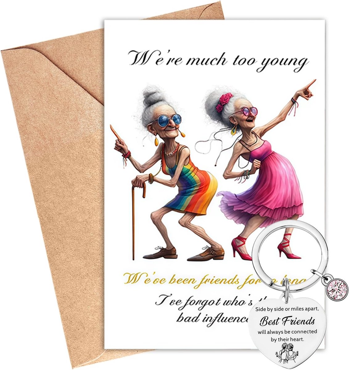 Verjaardagskaart voor Vriendin met Hart Sleutelhanger, Grappige Wenskaart Cadeauset, Cadeau voor Beste Vriendin Collega Kerst Valentijnsdag Afscheidscadeau, Set B