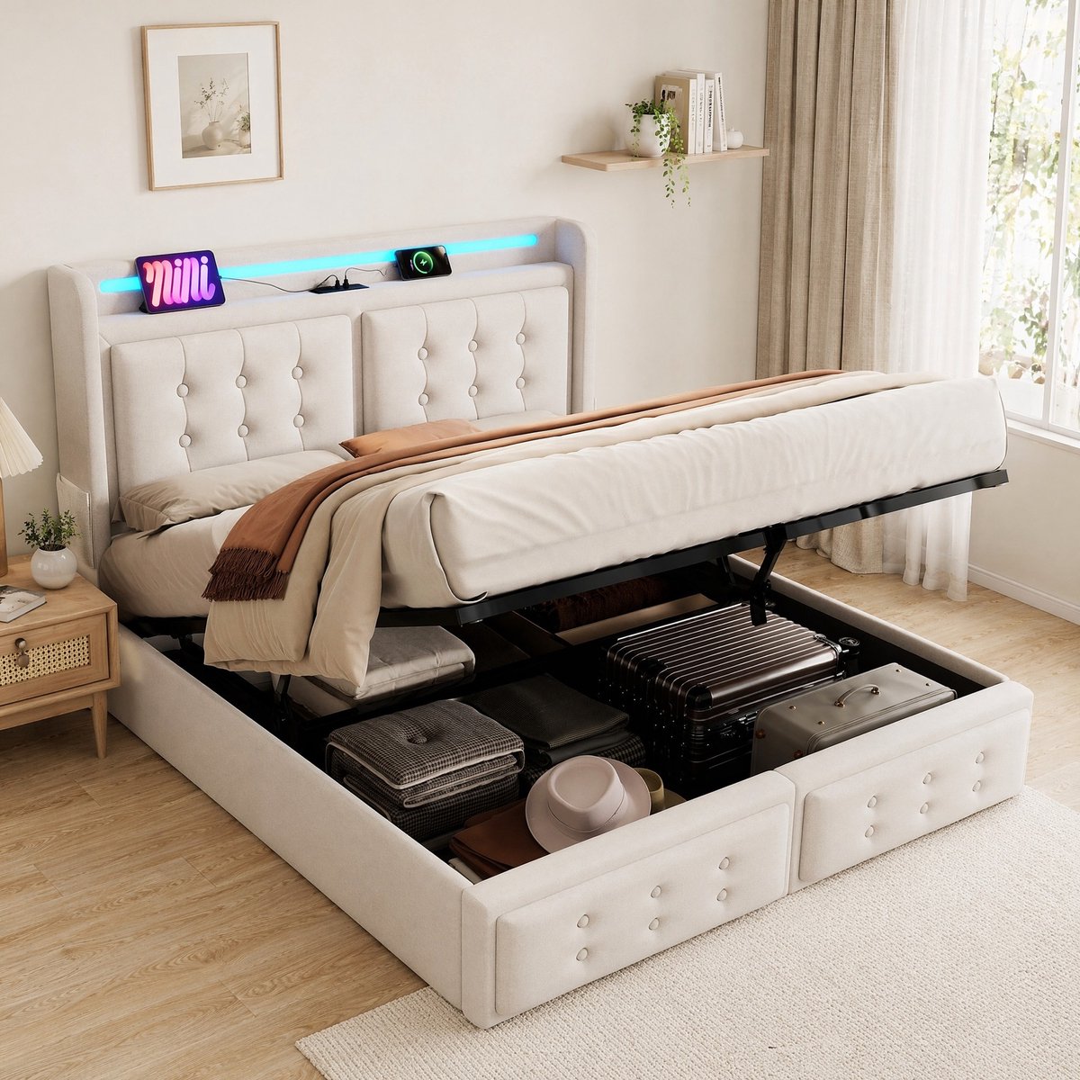WUVRIE Tweepersoons opbergbed 160x200 cm met LED, USB-C, stopcontacten en lattenbodem, beige