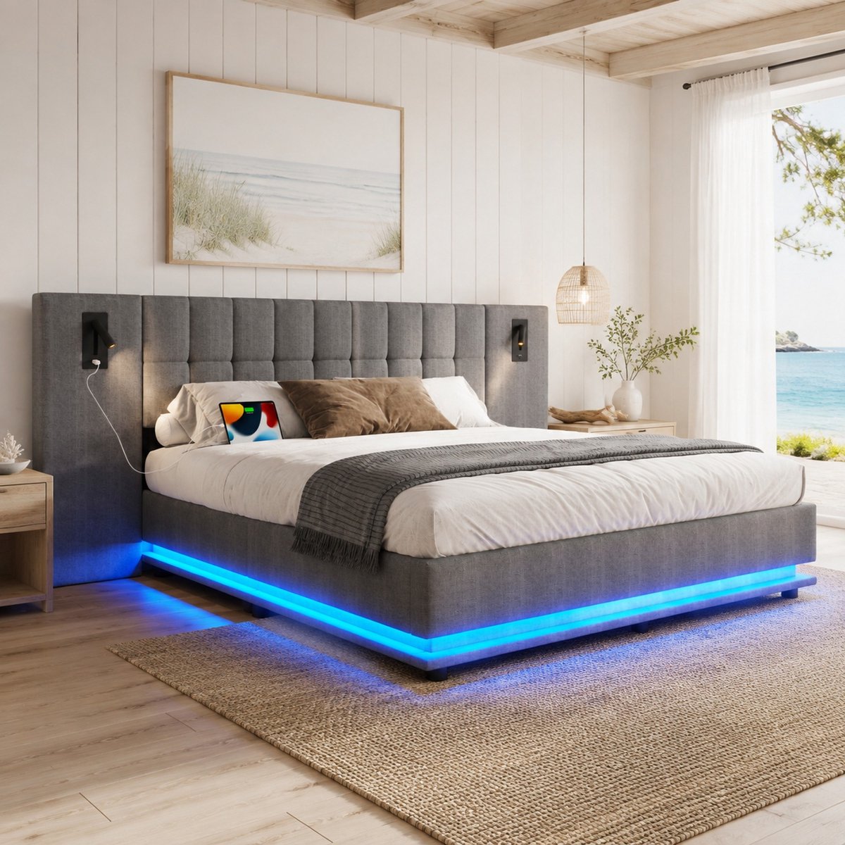 WUVRIE Gestoffeerd bed 180x200 cm met LED-verlichting, leeslamp en USB-aansluiting, grijs, zonder matras