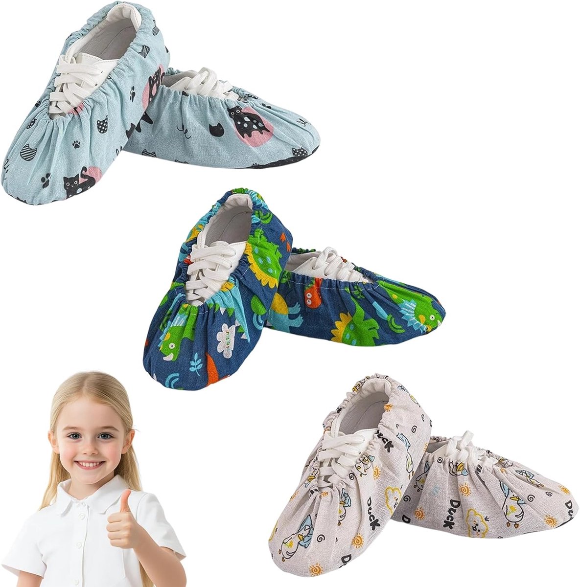 SnelShoppen - 3 Paar Kinderschoenoverschoenen Maat 27-34 Herbruikbare Antislip Dino Eend Kat Schoenbeschermers voor Binnenvloeren Thuis