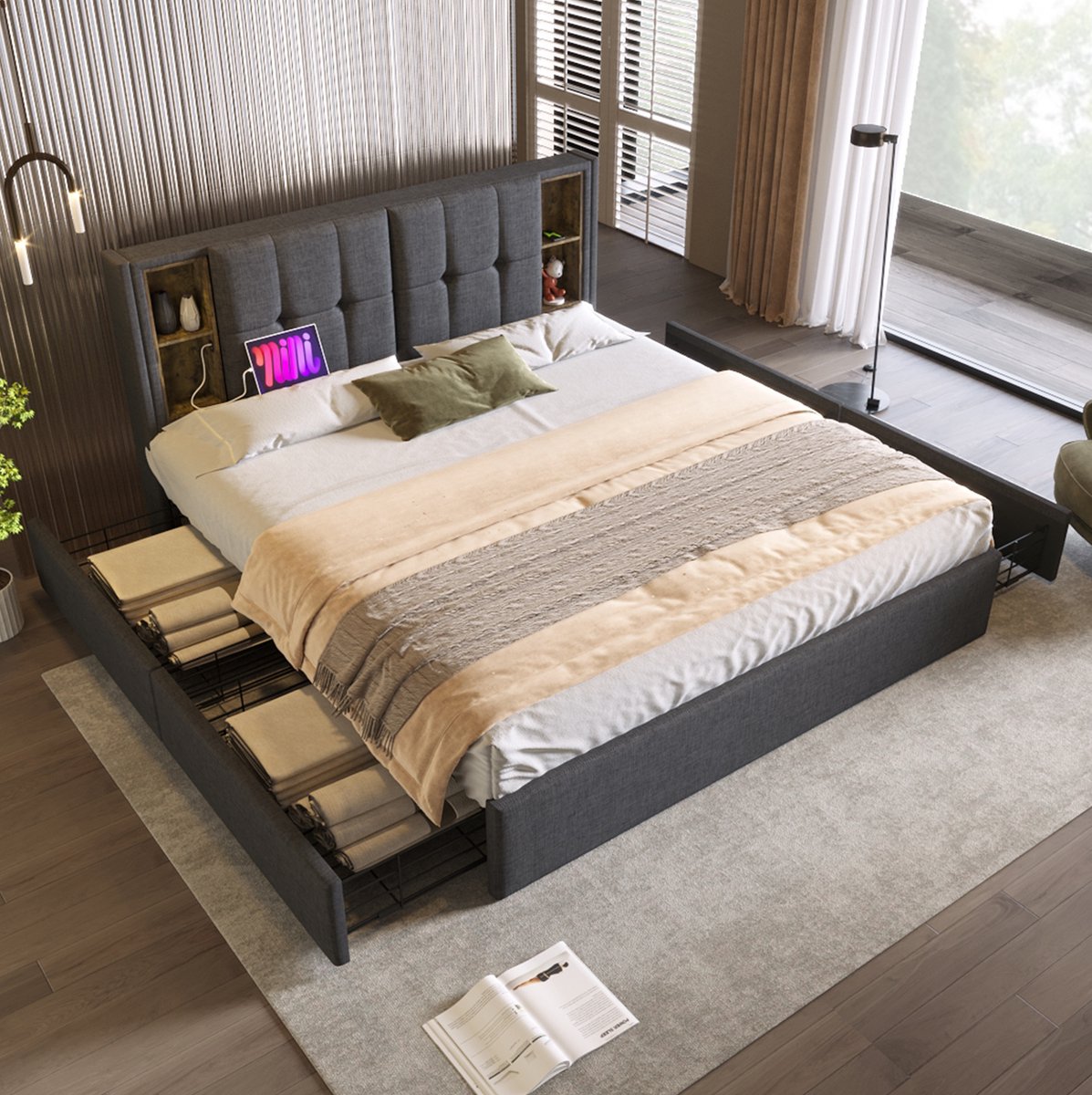 WUVRIE Gestoffeerd bed 160x200 cm met draadloos laden, USB-C, 4 lades en opbergvakken, grijs