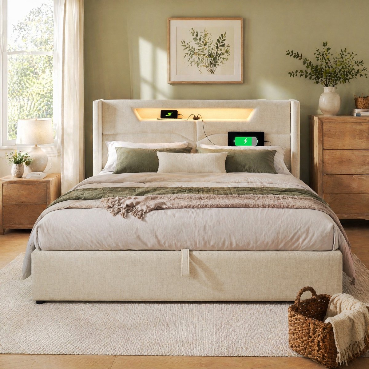 WUVRIE Gestoffeerd opbergbed 160x200 cm met LED, USB-C, lattenbodem en beige stoffen bekleding