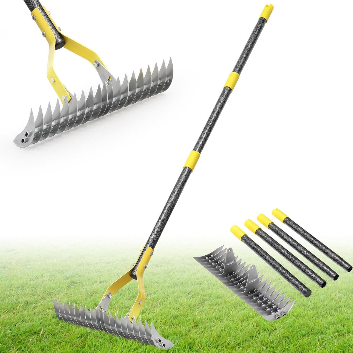 SnelShoppen - Wicker Rake Tuinscharen met 19 Stalen Tanden 140cm, 38cm Breed Handmatige Dethatcher en Scharifier voor Gazon, Mos en Gras Verwijdering