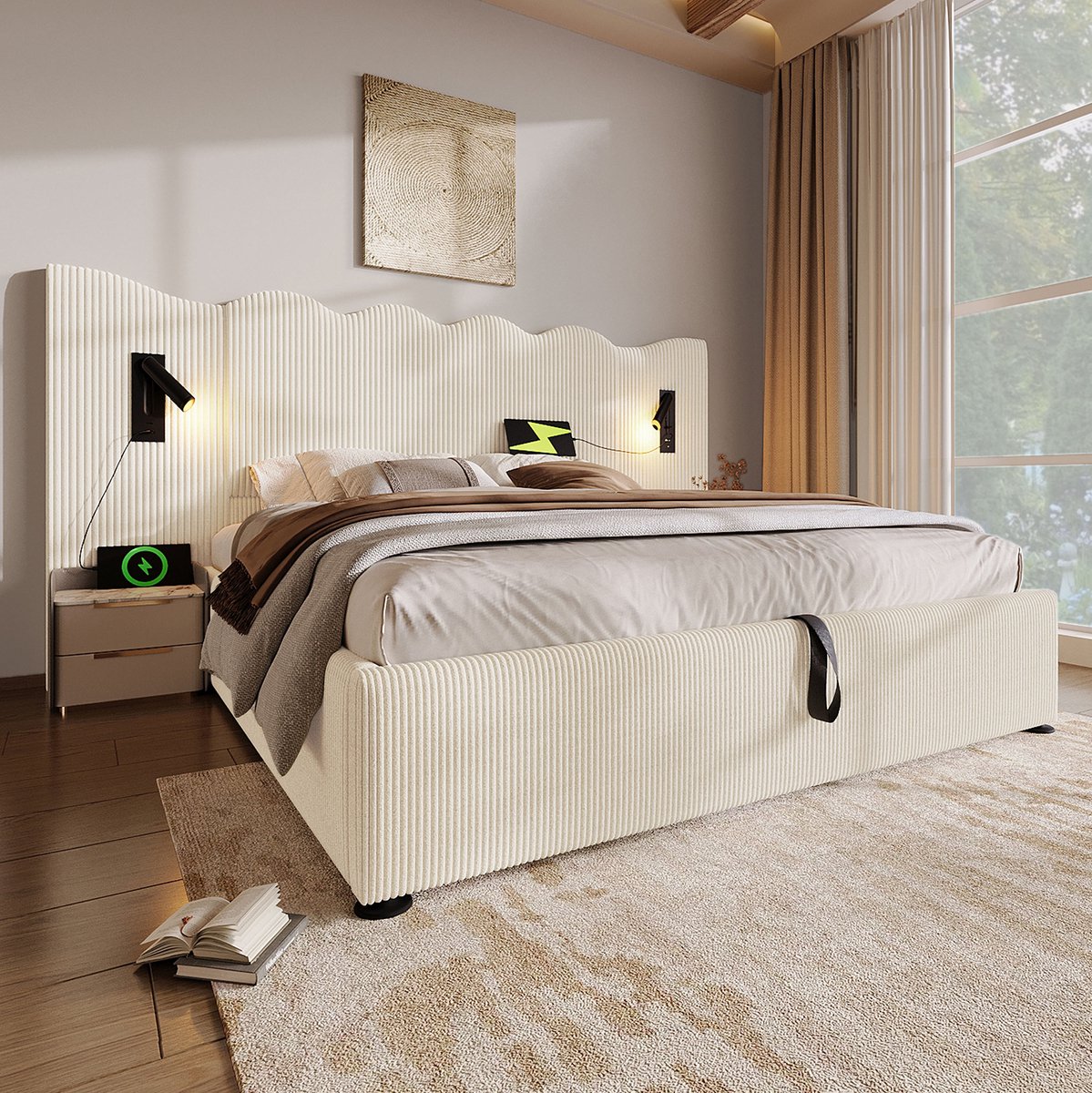 WUVRIE Opbergbed 180x200 cm met leeslamp, USB en USB-C, lattenbodem en corduroy bekleding, beige