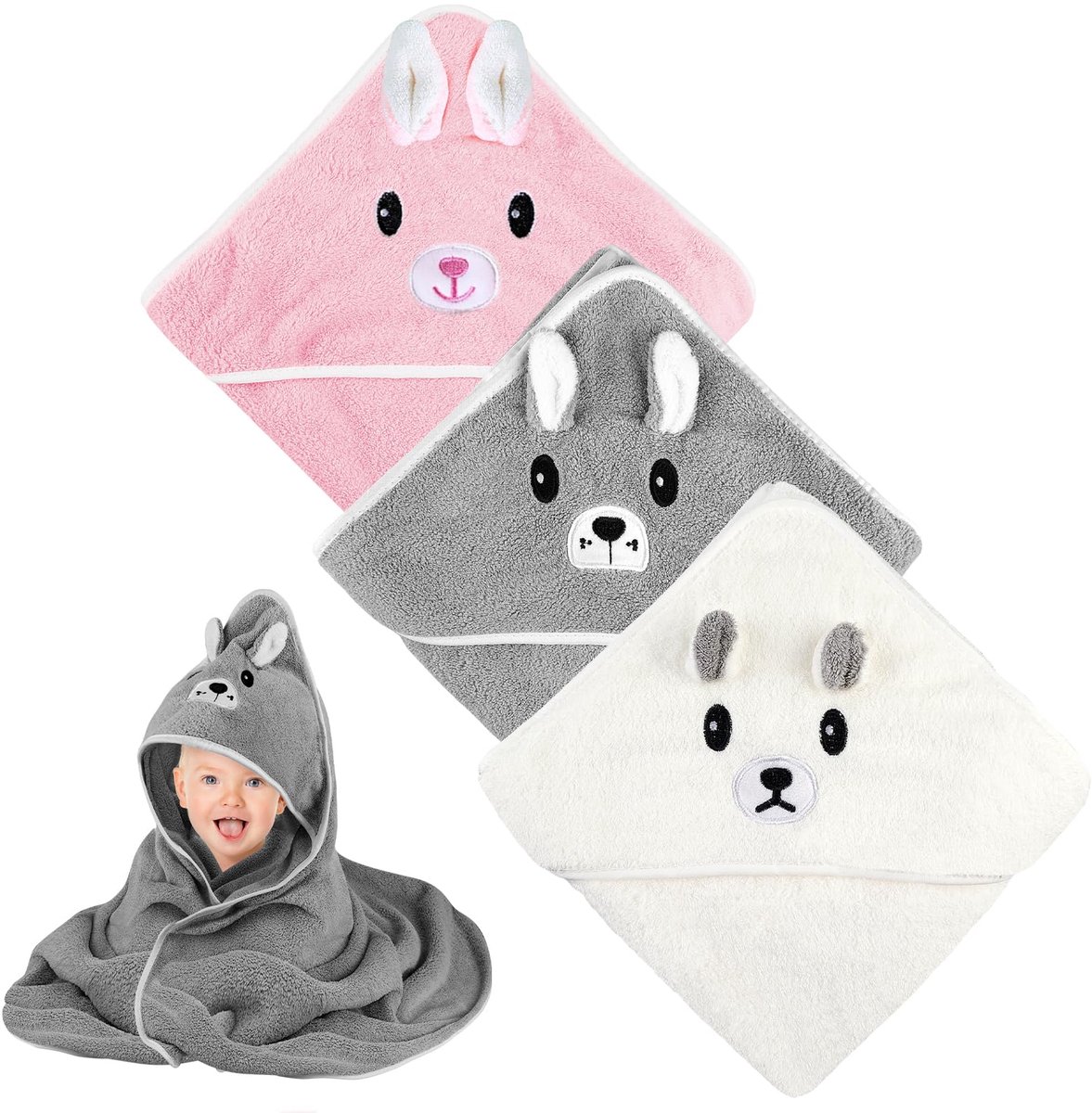 SnelShoppen - Badcape voor Baby 3-delig, Zachte Badhanddoek Poncho 80x80 cm, Sterk Absorberend Katoen voor Jongens en Meisjes, Perfect voor Bad, Zwemm