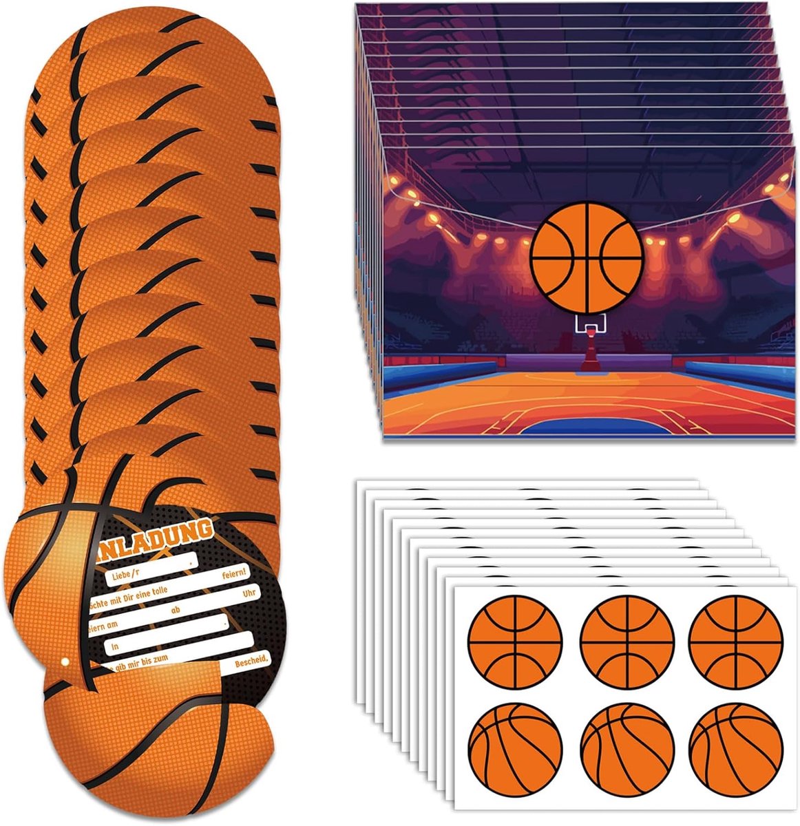 SnelShoppen - 12 Sets Basketball Uitnodigingen voor Verjaardag - Kinderen - Basketball Feest Kaarten met Enveloppen en Stickers - Voor Jongens en Meis