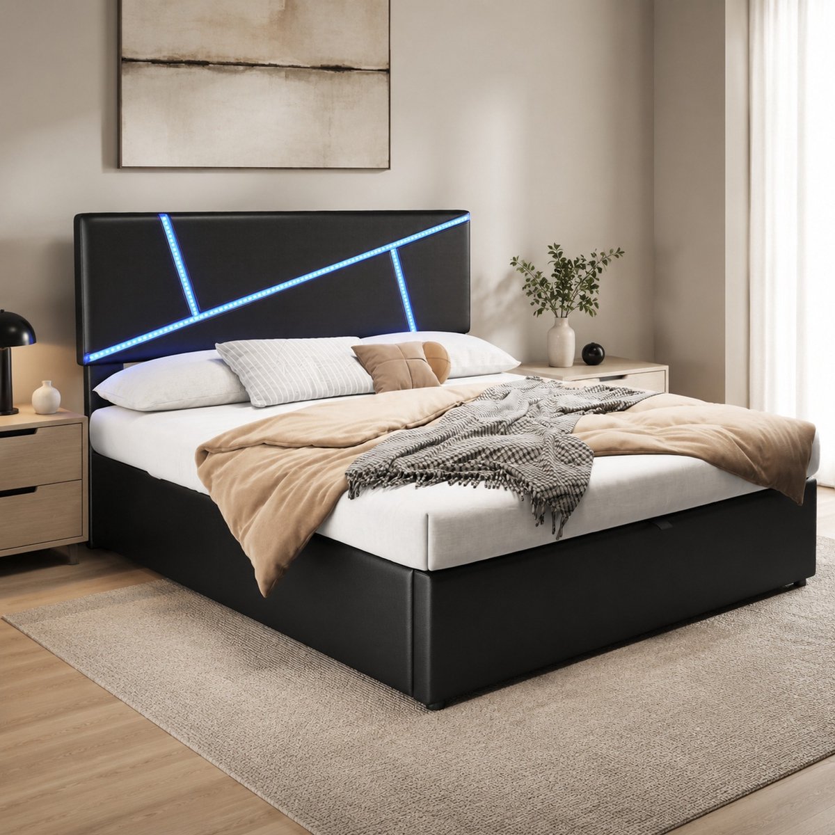 WUVRIE Tweepersoonsbed 140x200 cm met LED-hoofdbord, hydraulische opbergruimte en lattenbodem, zwart
