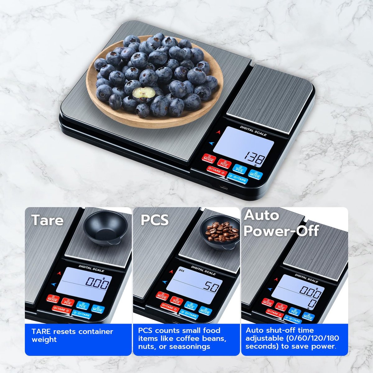 SnelShoppen - Digitale Keukenweegschaal met Dubbel Platform, Oplaadbaar tot 10 kg/1 g en 500 g/0,01 g, Roestvrij Staal, met PCS-functie en Tarra - Zil