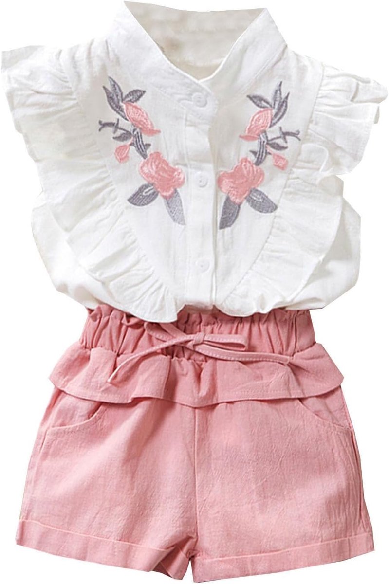 2-delige set voor meisjes, zomerkleding, katoen, T-shirt met flamingo-print en shorts, blauw, turquoise, tropische set voor vakantie, A150