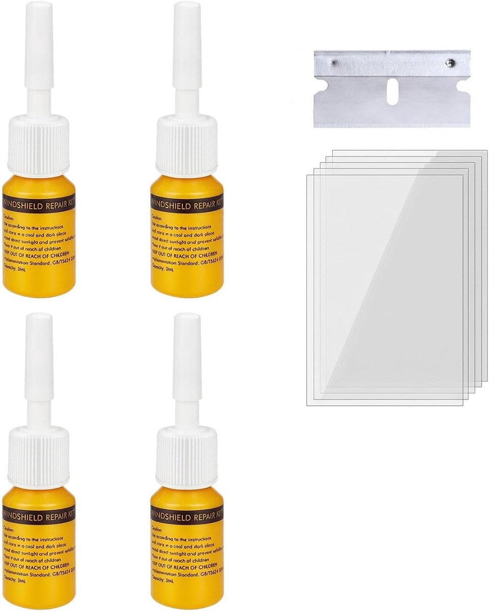 Reparatieset voor voorruit, 4 flessen, harsreparatieset voor scheuren en glans, voorruit lijm met uithardingsfolie en lemmet, reparatiegereedschap voor glas voor auto