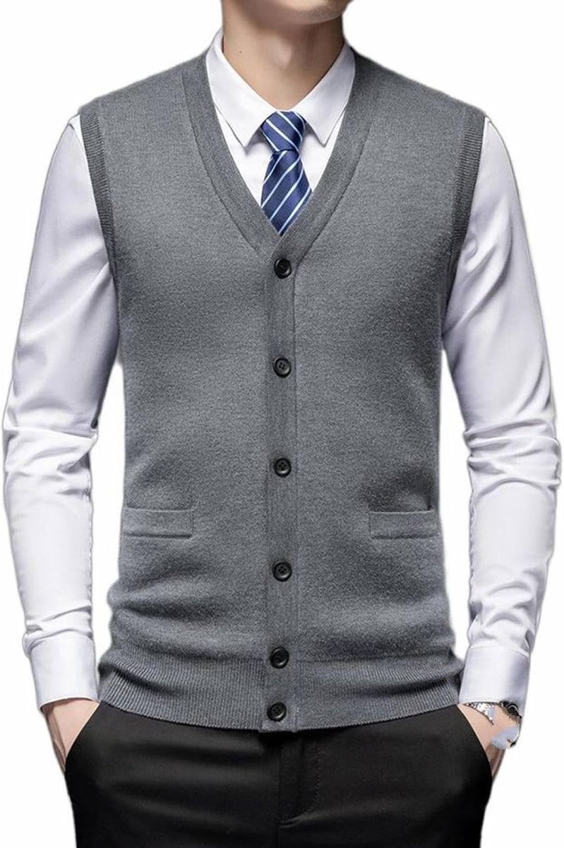 Vest Voor Heren Met V-Hals, Jeugdmode Verdikt Gebreid Vest Bovenkleding Casual Trendy Trui, Klassiek Zakelijk Heren Gebreide Vest Trui Vest Tanktops, Middengrijs, S