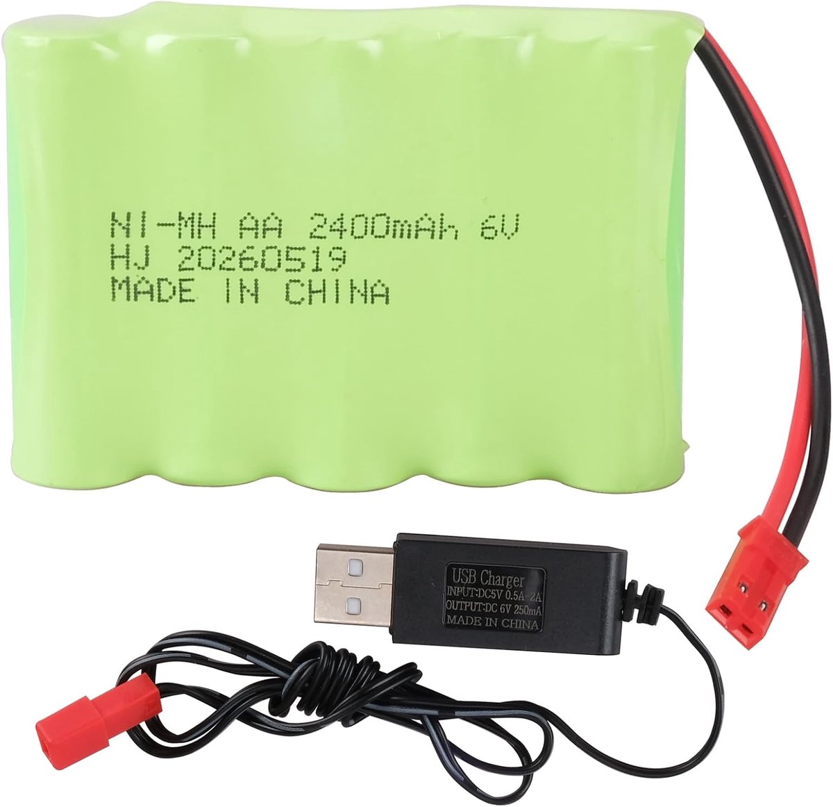 2400mAh 6V Ni-MH AA Oplaadbare Batterij met JST-2P connector en USB-Oplader voor RC-Auto, RC-Speelgoedvrachtwagen, SUV 4X4, RCKiepauto, RCBulldozer