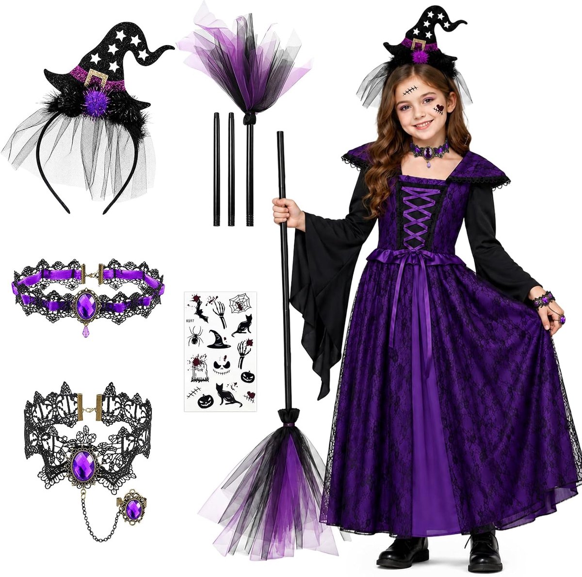 Heksenkostuum voor meisjes, gothic jurk in paars, met heksenhoed, bezem, choker, armband en tijdelijke tatoeage, Halloween, carnaval