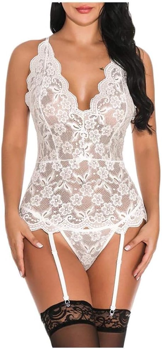Lingerie Dameslingerie Vrouwen transparante bodysuit sexy lingerie V-hals kanten kousenband nachtkleding voor dames set-Blanco_L