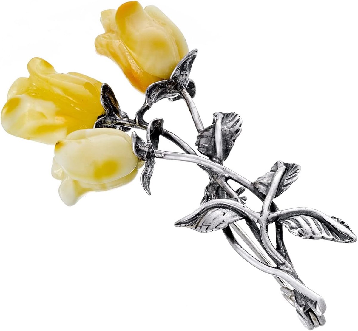Broche 925 sterling zilver Baltische barnsteen melkachtig geel roos cadeau voor dame, Sterling zilver, Amber