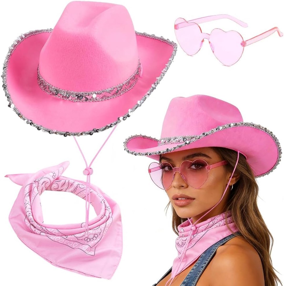 3PCS Cowboy Hoeden Roze Cowgirl Kostuum Accessoires Set Westerse Koerenhoed Vleugel Breed Met Bandana en Hartvormige Bril Geschikt Voor Thematische Feesten