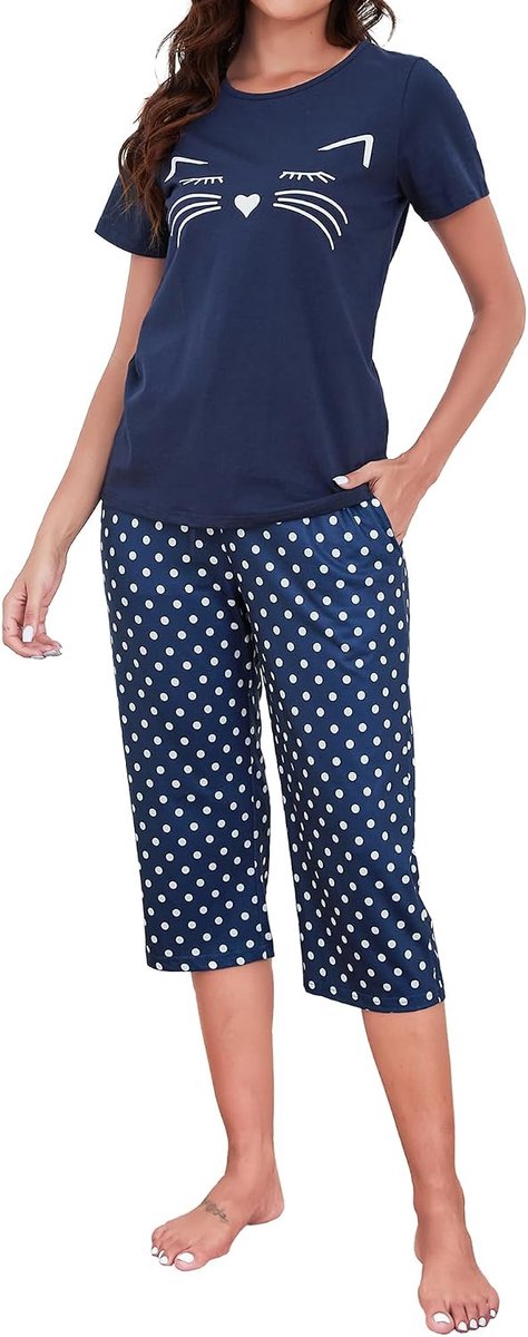 Kort, katoen, zomer, tweedelige pyjama voor dames, set korte mouwen, shirt met kat en 3/4 broek met zakken, zachte en comfortabele loungewear om te slapen, S-XXL