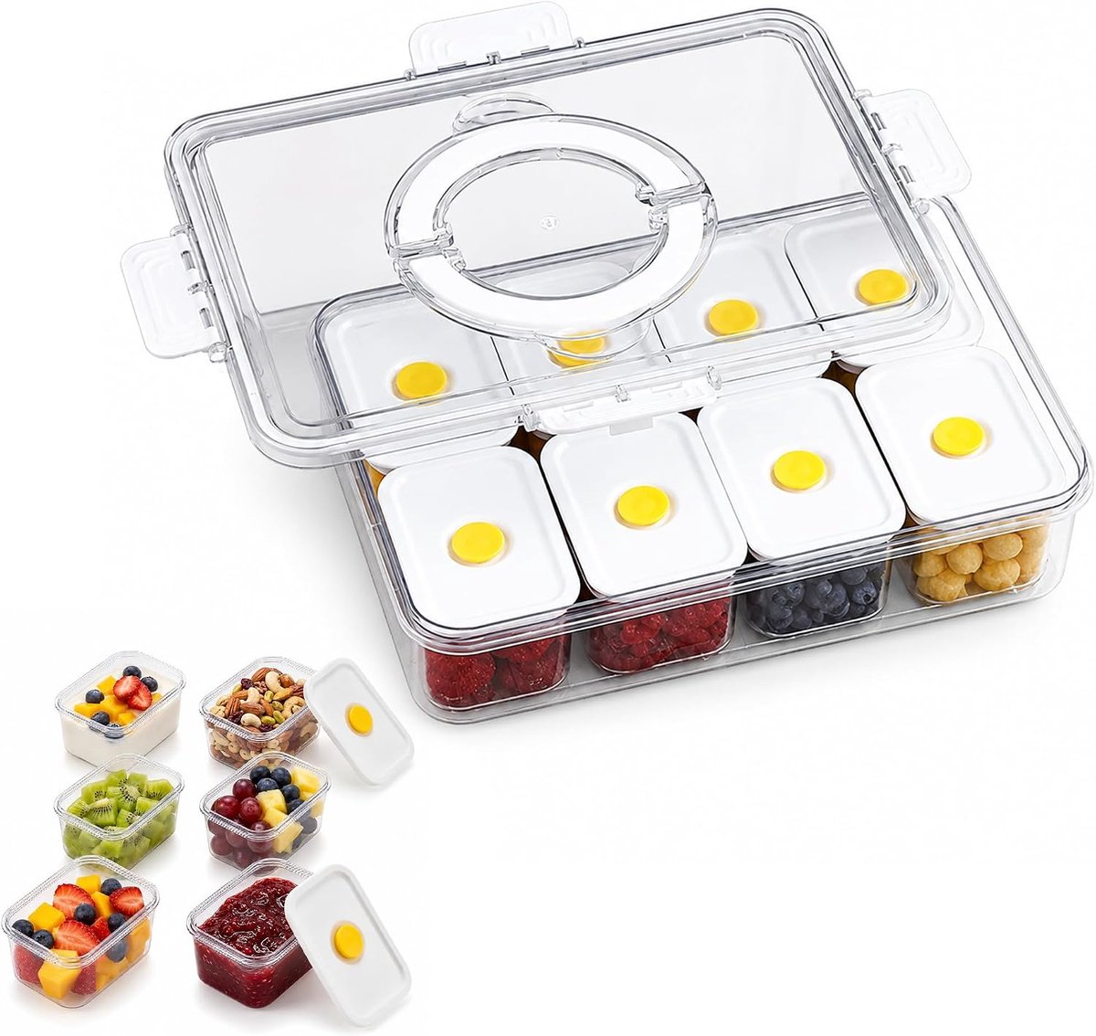 Snackbox met 8 vakken en deksel, draagbare snackschaal met handvat, kunststof, snackdoos met deksel voor specerijen, snoep, noten, fruit, picknick, reizen