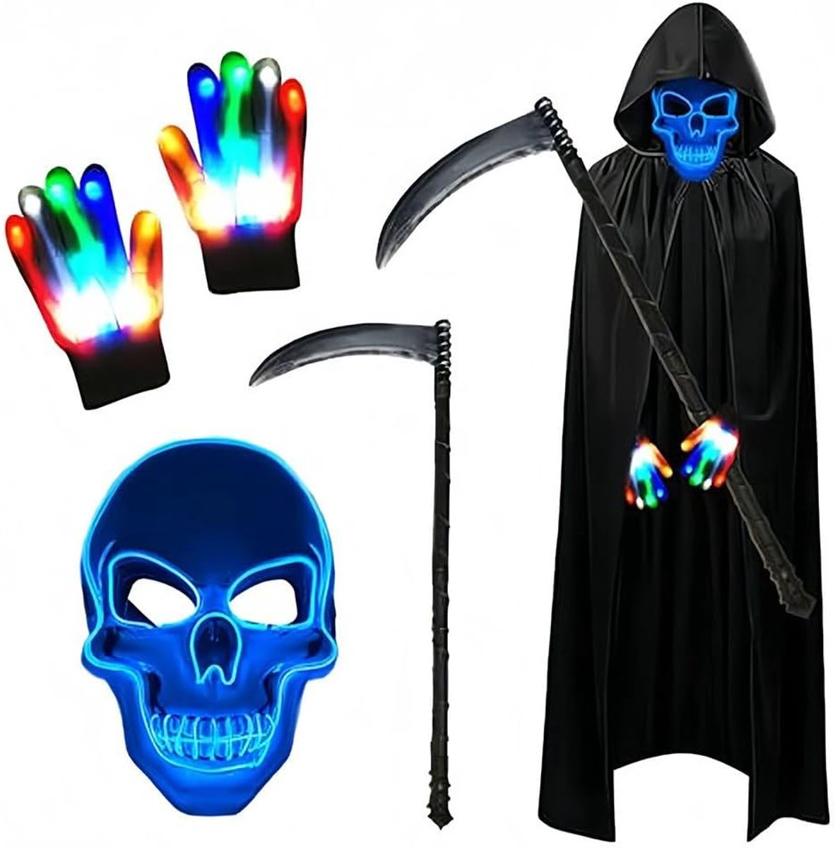 Kostuumset, Halloweenkostuum jongens, Sensenman-kostuum volwassenen, lichtgevende maskerset met Sensemann cape en zeis en glow handschoenen voor feest, carnaval, cosplay