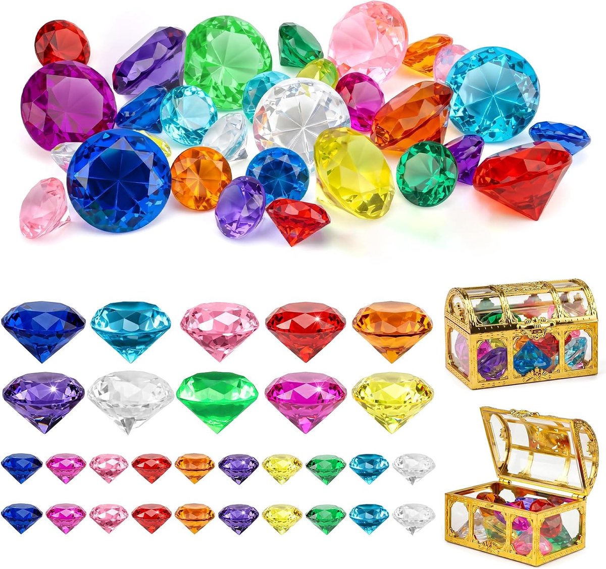 30 stuks Acryl Diamanten voor Kinderen, 25/40mm Edelstenen met 2 Schatkist