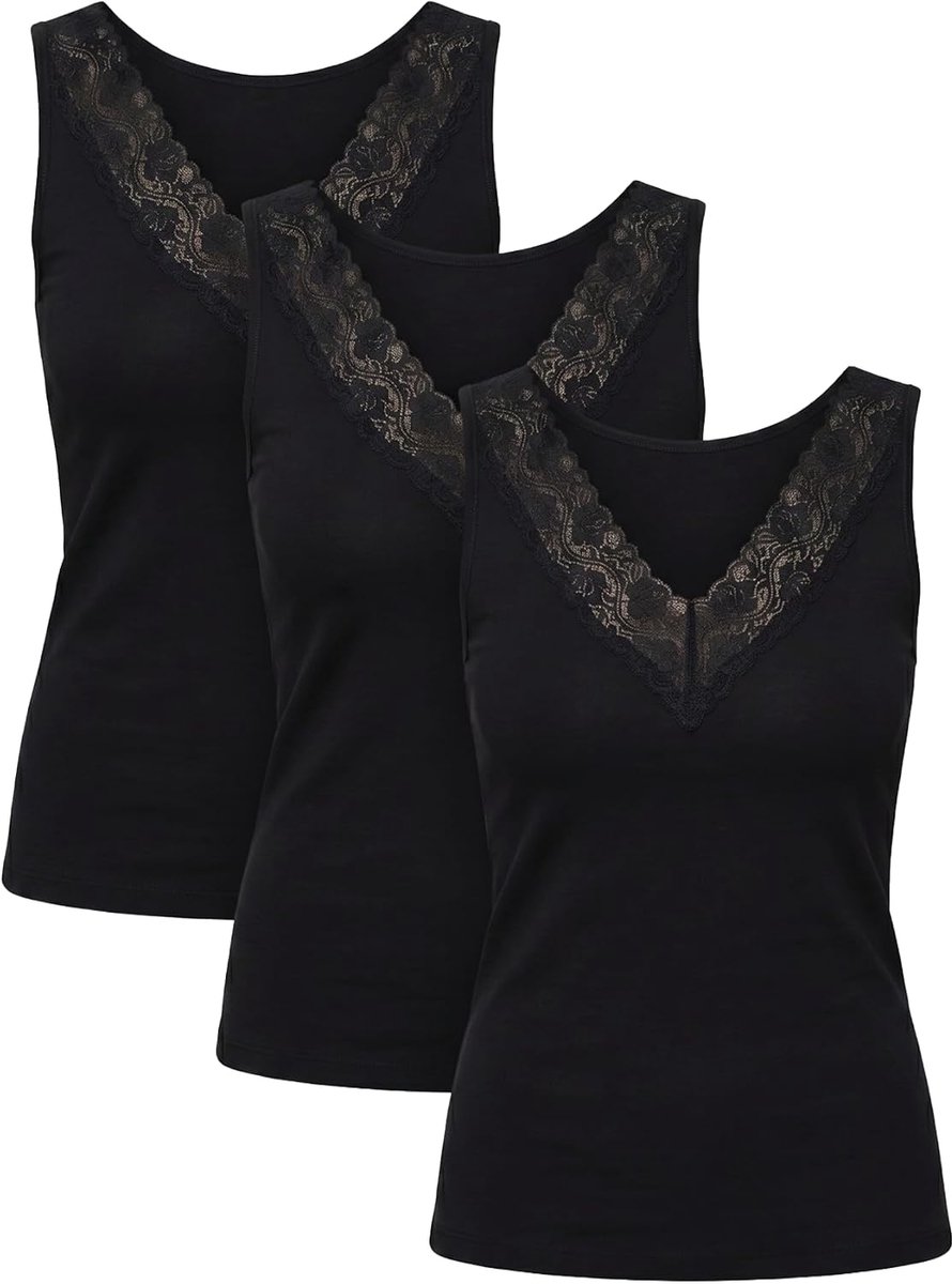 Set van 3 damestops met V-hals en kanten rand, elastische mouwloze basic camisoles, comfortabel nauwsluitend onderhemd, veelzijdige top voor dagelijks gebruik en vrije tijd
