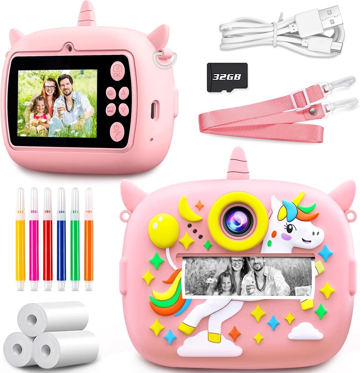 Direct Print Camera, 2.4 Inch Scherm 1080P HD Kinder Camera, Inclusief 32GB Geheugenkaart en 3 Fotopapierrollen, Kleurpotloden, Cadeau voor Kinderen van 3 tot 12 Jaar