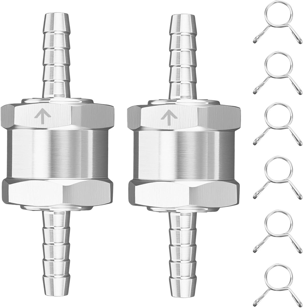 2 stuks 6 mm (1/4 inch) Eenrichtingsbrandstofterugslagklep met 6 klemmen, aluminiumlegering eenrichtingsterugslagklep voor benzine, diesel, gas, luchtwater, universeel voor auto, marine, carburateur