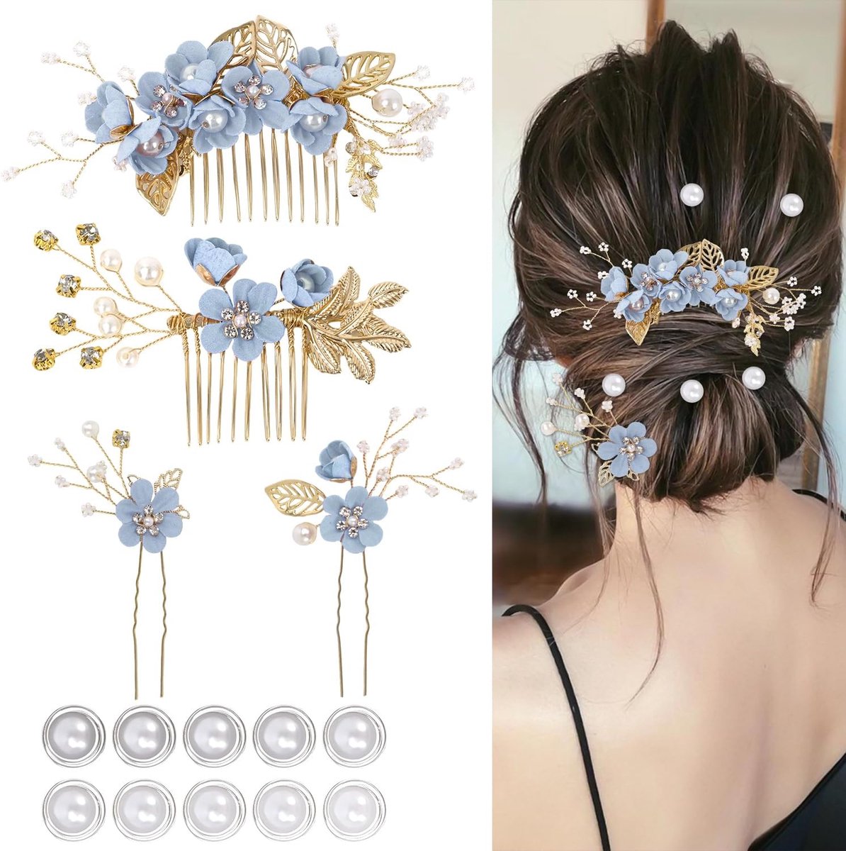 4 bruiloftshaaraccessoires voor vrouwen, stijlvolle bruidshaarspelden, bloemen, bruidsmeisjeshaaraccessoires, 10 spiraalvormige parelhaarspelden voor bruiden, bruidsmeisjes, vrouwen en meisjes (blauw)
