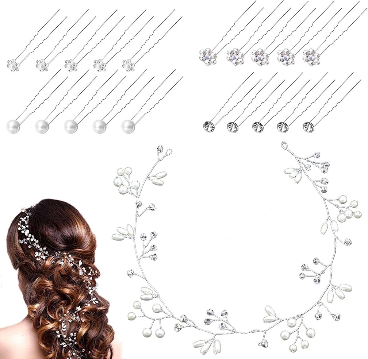 21 Stuks Parels Bruidskapsel, Bruids Kristal Haar Wijnstok, U-vormige Haarspelden Strass, voor Bruids Hoofdtooi, Haaraccessoires Bruidsmeisjes, Dagelijk Gekleed