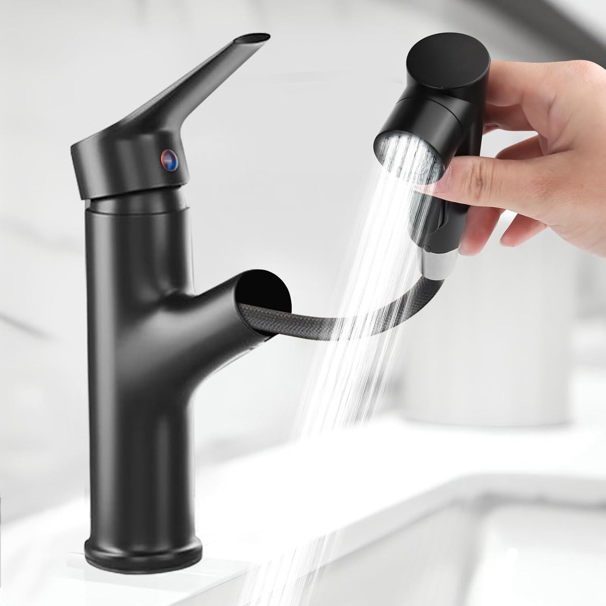 Kraan badkamer met uittrekbare douche, hogedruk wastafelarmatuur eengreepsmengkraan met 3 straalsoorten geschikt, warm koud mengkraan wastafelkraan voor badkamer zwart