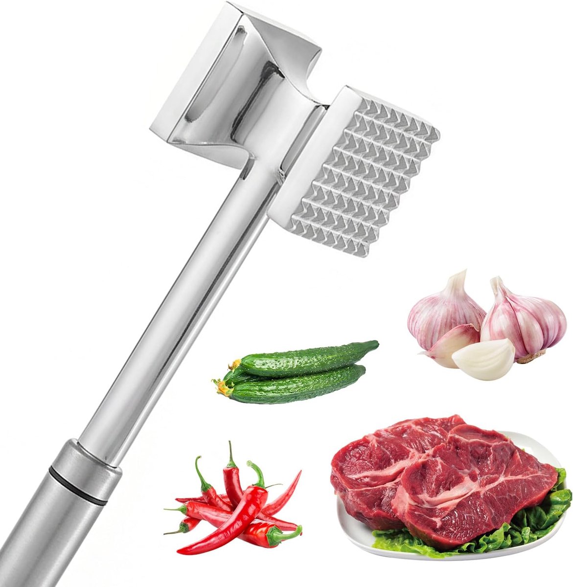 Vleeshamer, dubbelzijdige vleeshamer van roestvrij staal, 27 cm, schnitzelklopper voor keuken met plat en gekarteld slagoppervlak voor koteletten, koteletten, steaks, rundvlees, varken