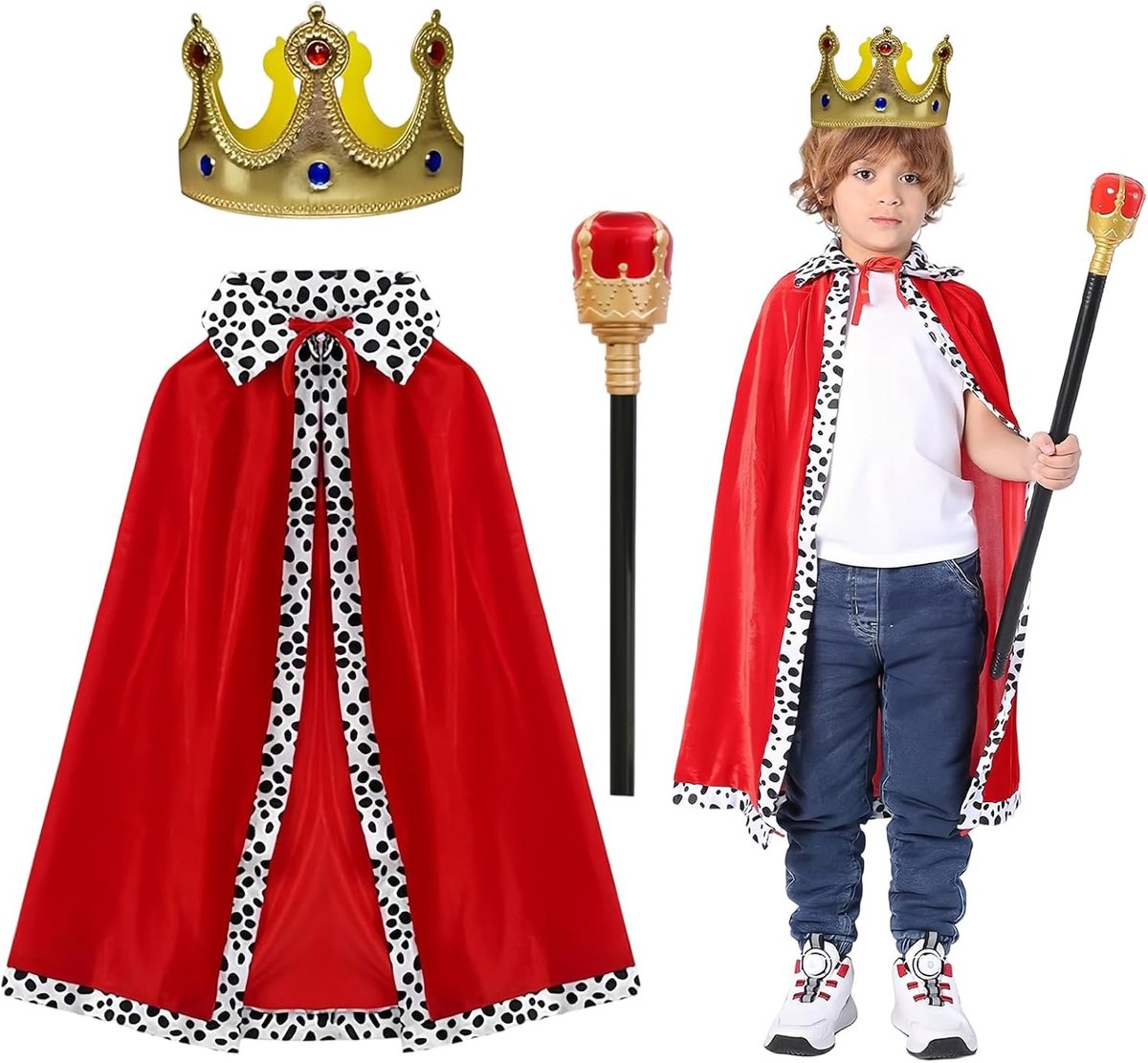 Koning Kind Rood Koninklijk Kostuum 3 Koningskostuums voor Volwassenen Koningscap voor Jongen Koninklijke Mantel, Kroon Koning Koningin, Scepter voor Cosplay Prins Koning Koningin