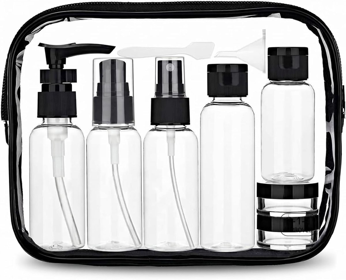 9-delige set reisflesjes van PET-kunststof, lege pompfles, spuitfles, crèmebus met vultrechter, spatel, sluitklem en transparante cosmeticatas, luchthaven-compatibele tas