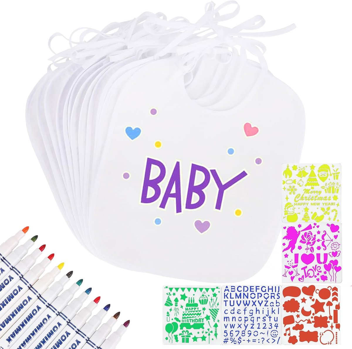 Wit om te beschilderen, 12 stuks kleine kinderen slabbetjes katoen met 12 kleuren textielstiften en 5 sjablonen voor jongens en meisjes, afwasbaar, waterdicht, cadeau voor