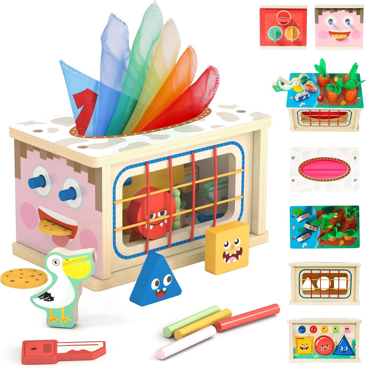 Montessori speelgoed jaar, 9-IN-1 doekjesbox voor baby's 6-12 maanden, kinderen steek-spel motoriek speelgoed 1 2, houten sensorisch babyspeelgoed, cadeau voor Pasen, verjaardag