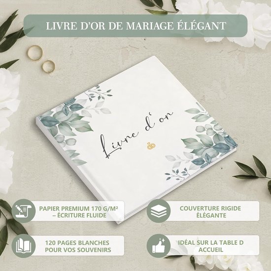 Gastenboek voor bruiloft, 120 pagina's, blanco, elegant eucalyptus-design, boek voor felicitaties, herinneringen en foto's — afbeelding 2