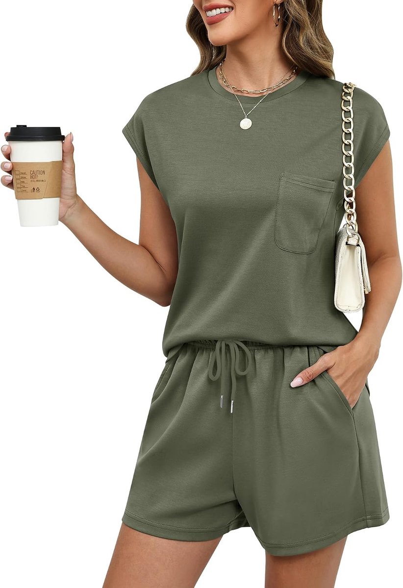 Tweedelig trainingspak voor dames, zomeroutfits, loungewear, joggingpak, elegant huispak, licht trainingspak, korte mouwen, T-shirt en shorts met zakken