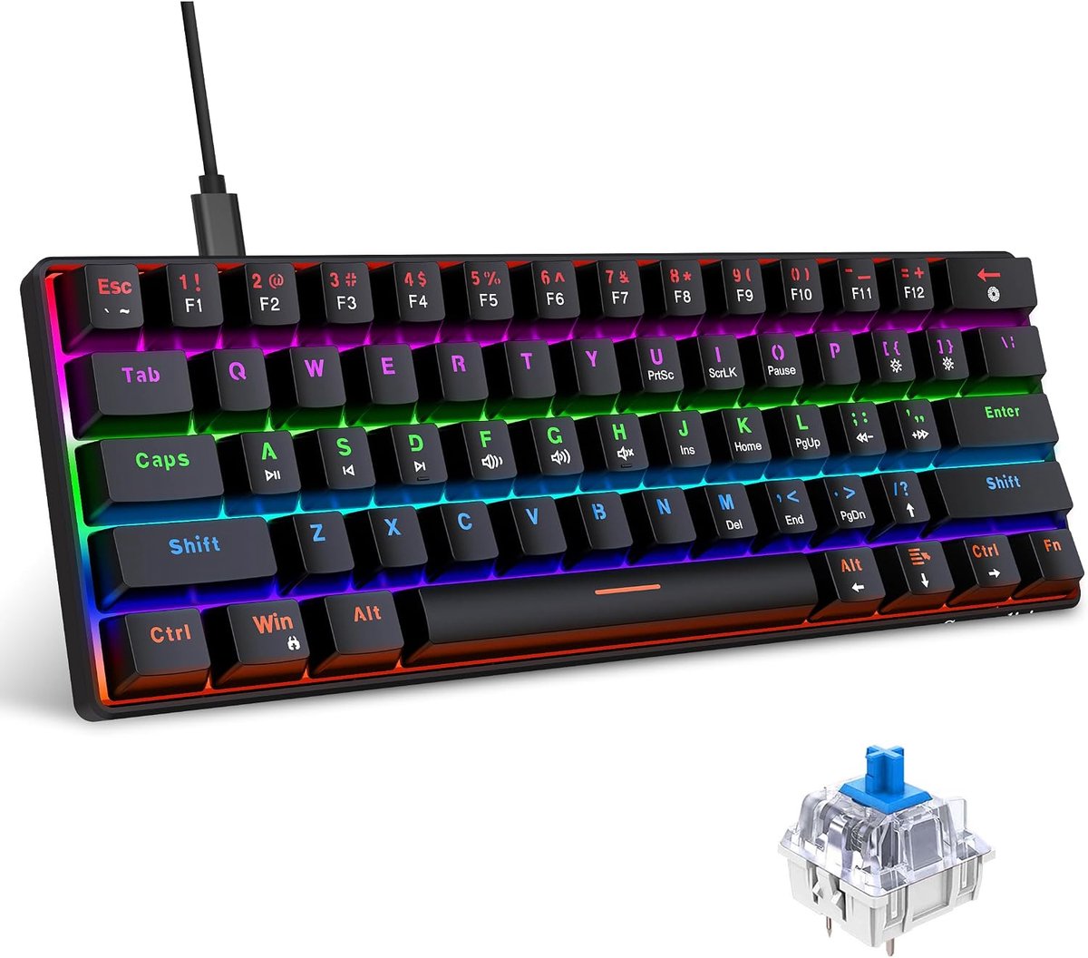 Bedraad mechanisch gamingtoetsenbord, 60% grootte, 61 toetsen, RGB-achtergrondverlichting, ultracompact, blauwe toetsen, twee pootjes, zwart