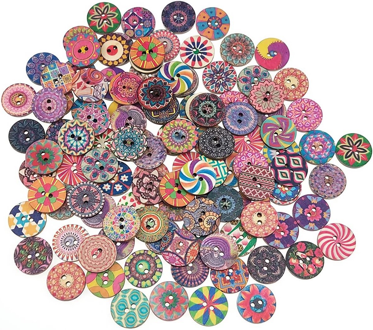 Knopen met kleurrijke houten knopen, 100 stuks, rond, hars, knutselknoppen, naaien, knopen, bloemenschilderij, retro knopen, gemengde multicolor kinderknoppen, poppenknopen met 2 gaten om te knutselen, naaien, schilderen, doe-het-zelf, 20 mm