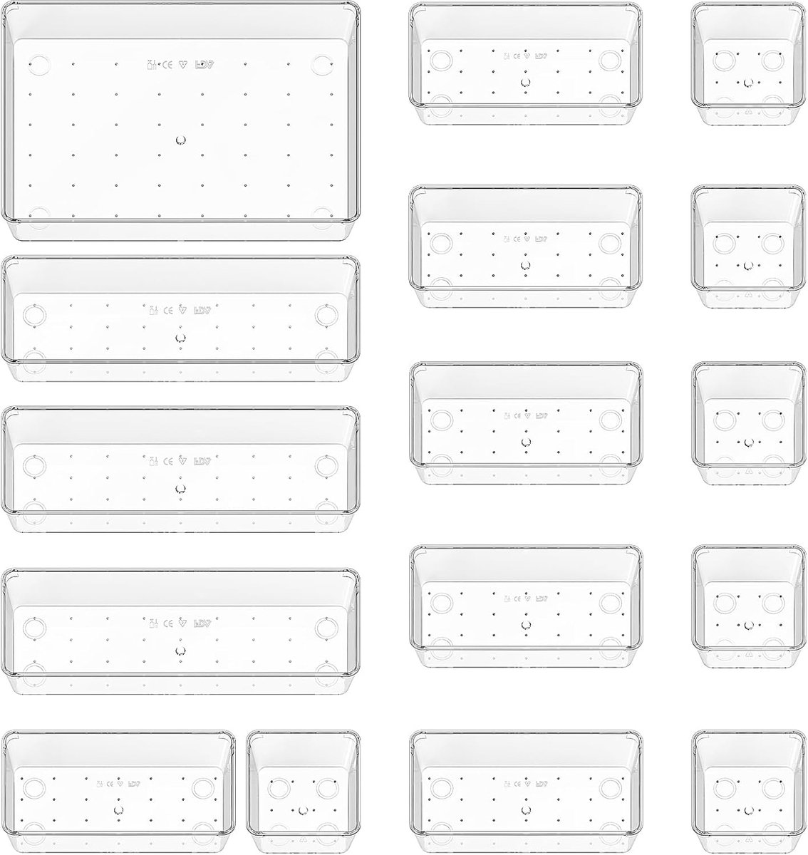 SnelShoppen - Drawer Organiser 16 Stuks - Transparante Plastic Ladeboxen in 4 Maten - Stapelbare Ladeverdeler voor Badkamer, Keuken, Make-up