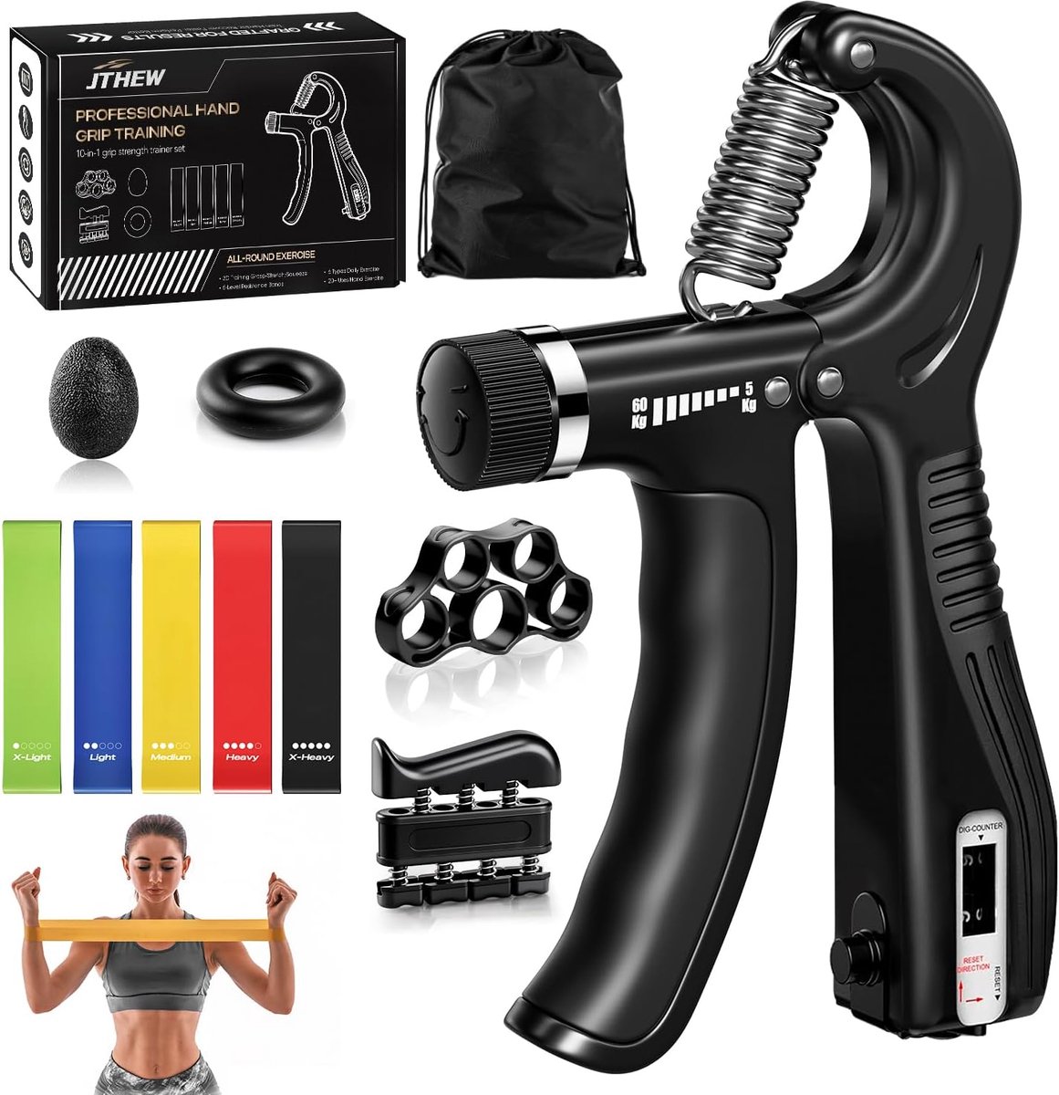 SnelShoppen - Hand Trainer Workout Kit (10-delig) - Verstelbare handgripper, vinger stretcher, grip ring, stressbal & 5 weerstandsbanden voor spieropb
