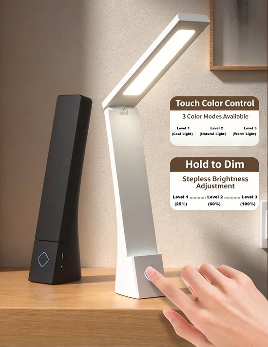 LED-bureau- en bedlamp – Oogbeschermend – Aanraakbediening – 3 dimniveaus – 3 kleurmodi – 120° inklapbaar – 1200 mAh-accu – Oplaadbaar via USB – Hoogte: 28 cm – Zwart — afbeelding 4