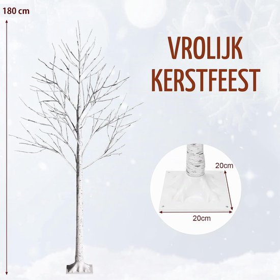 180 cm hoge kunstmatige berk met een 20x20 cm voet en gedetailleerde afmetingen.
