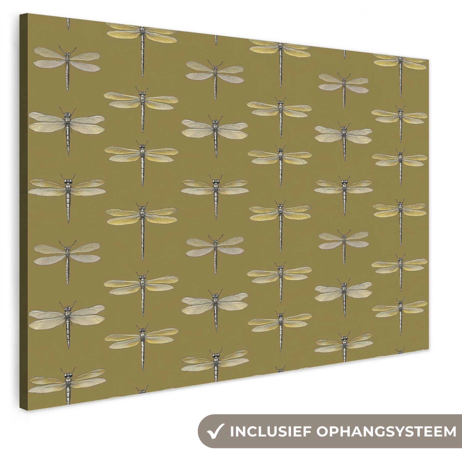Canvas schilderij 180x120 cm - Exclusieve wanddecoratie Libellen - Patroon - Groen - Muurdecoratie woonkamer - Slaapkamer decoratie - Kamer accessoires - Schilderijen op canvas groot XXL